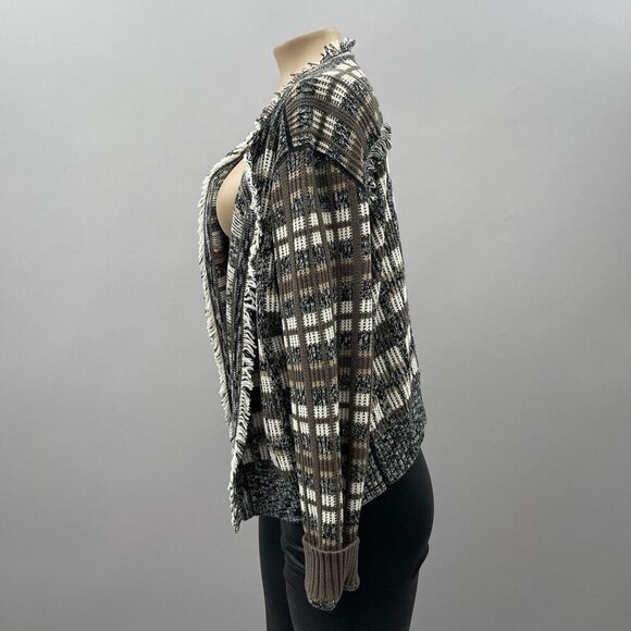 Cabi Plaid Fringe Open Classic Cardigan‎ Sweater #4097 Brown Gray Womens M - Picture 8 of 12